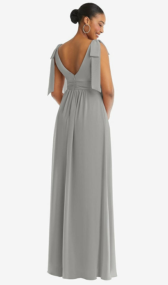 Back View - Chelsea Gray Plunge Neckline Bow Shoulder Empire Waist Chiffon Maxi Dress