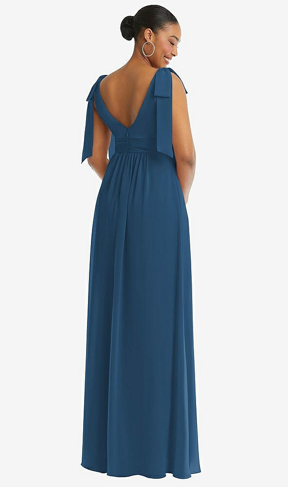 Back View - Dusk Blue Plunge Neckline Bow Shoulder Empire Waist Chiffon Maxi Dress