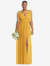 Alt View 1 Thumbnail - NYC Yellow Plunge Neckline Bow Shoulder Empire Waist Chiffon Maxi Dress