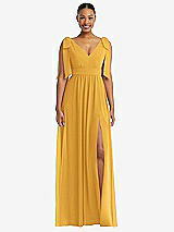 Front View Thumbnail - NYC Yellow Plunge Neckline Bow Shoulder Empire Waist Chiffon Maxi Dress