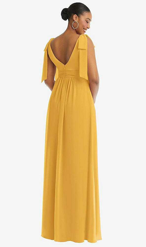 Back View - NYC Yellow Plunge Neckline Bow Shoulder Empire Waist Chiffon Maxi Dress