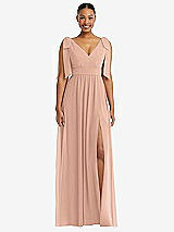 Front View Thumbnail - Pale Peach Plunge Neckline Bow Shoulder Empire Waist Chiffon Maxi Dress