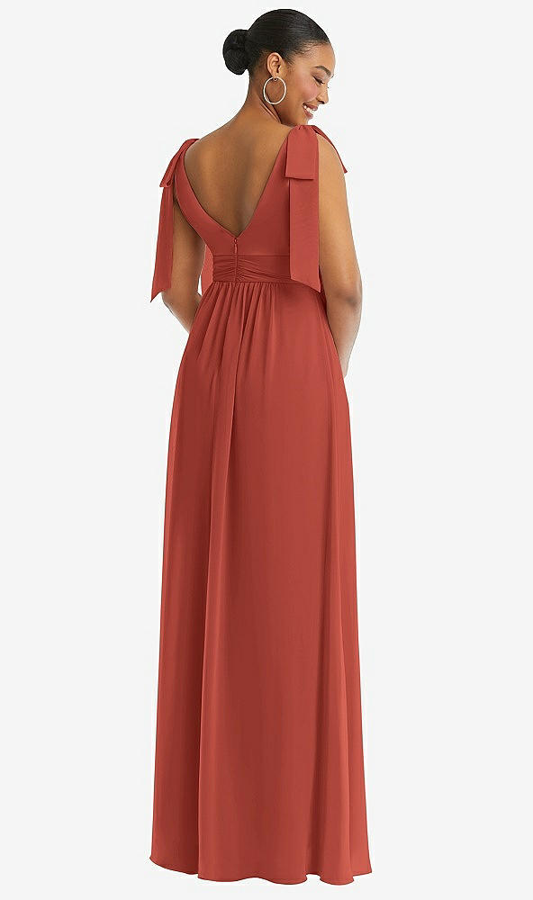 Back View - Amber Sunset Plunge Neckline Bow Shoulder Empire Waist Chiffon Maxi Dress