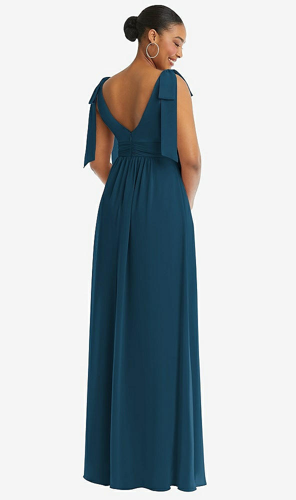 Back View - Atlantic Blue Plunge Neckline Bow Shoulder Empire Waist Chiffon Maxi Dress
