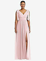 Front View Thumbnail - Ballet Pink Plunge Neckline Bow Shoulder Empire Waist Chiffon Maxi Dress