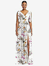 Front View Thumbnail - Butterfly Botanica Ivory Plunge Neckline Bow Shoulder Empire Waist Chiffon Maxi Dress