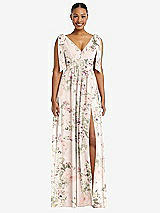 Front View Thumbnail - Blush Garden Plunge Neckline Bow Shoulder Empire Waist Chiffon Maxi Dress