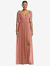 Front View Thumbnail - Desert Rose Plunge Neckline Bow Shoulder Empire Waist Chiffon Maxi Dress