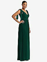 Side View Thumbnail - Hunter Green Plunge Neckline Bow Shoulder Empire Waist Chiffon Maxi Dress
