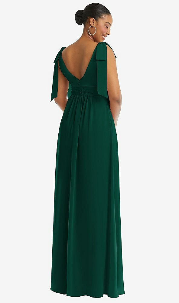 Back View - Hunter Green Plunge Neckline Bow Shoulder Empire Waist Chiffon Maxi Dress