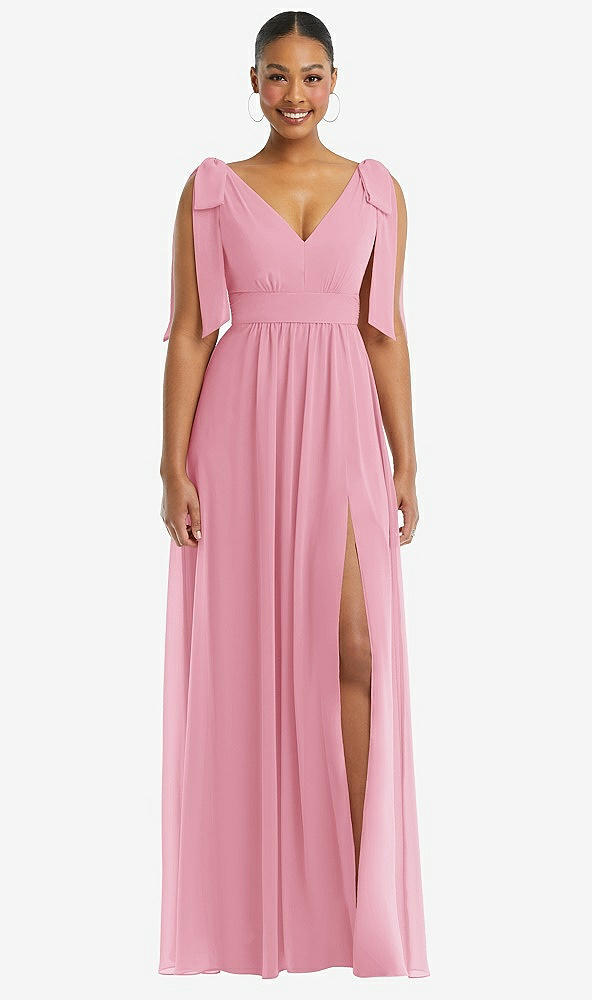 Front View - Peony Pink Plunge Neckline Bow Shoulder Empire Waist Chiffon Maxi Dress