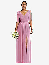 Alt View 1 Thumbnail - Powder Pink Plunge Neckline Bow Shoulder Empire Waist Chiffon Maxi Dress
