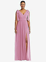 Front View Thumbnail - Powder Pink Plunge Neckline Bow Shoulder Empire Waist Chiffon Maxi Dress
