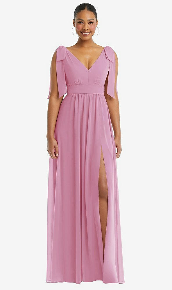 Front View - Powder Pink Plunge Neckline Bow Shoulder Empire Waist Chiffon Maxi Dress