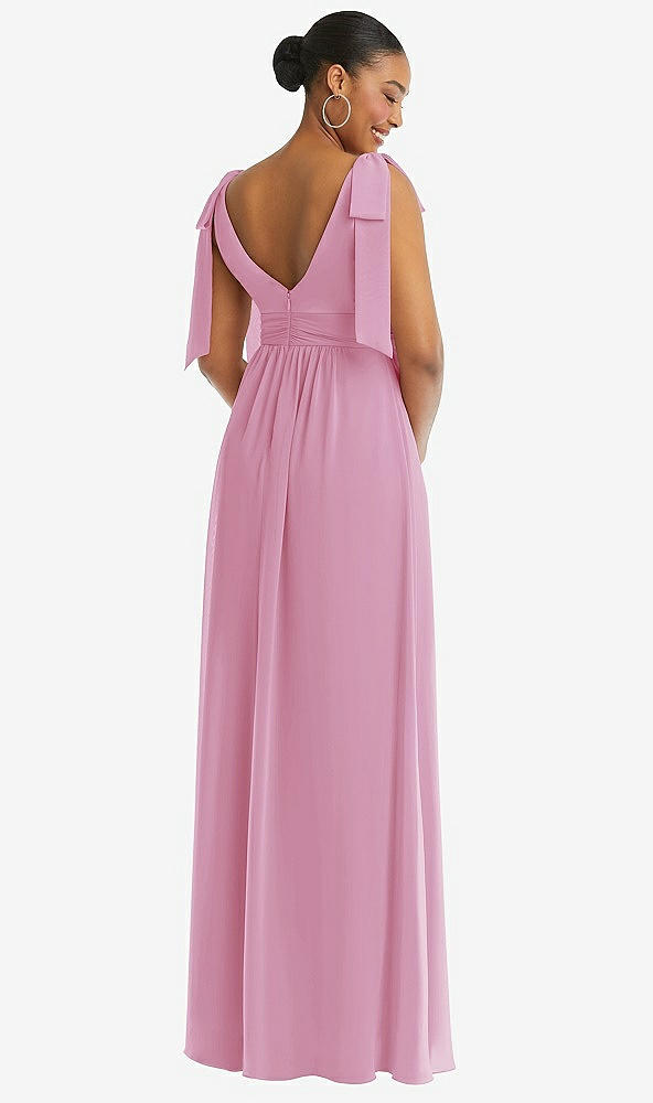 Back View - Powder Pink Plunge Neckline Bow Shoulder Empire Waist Chiffon Maxi Dress