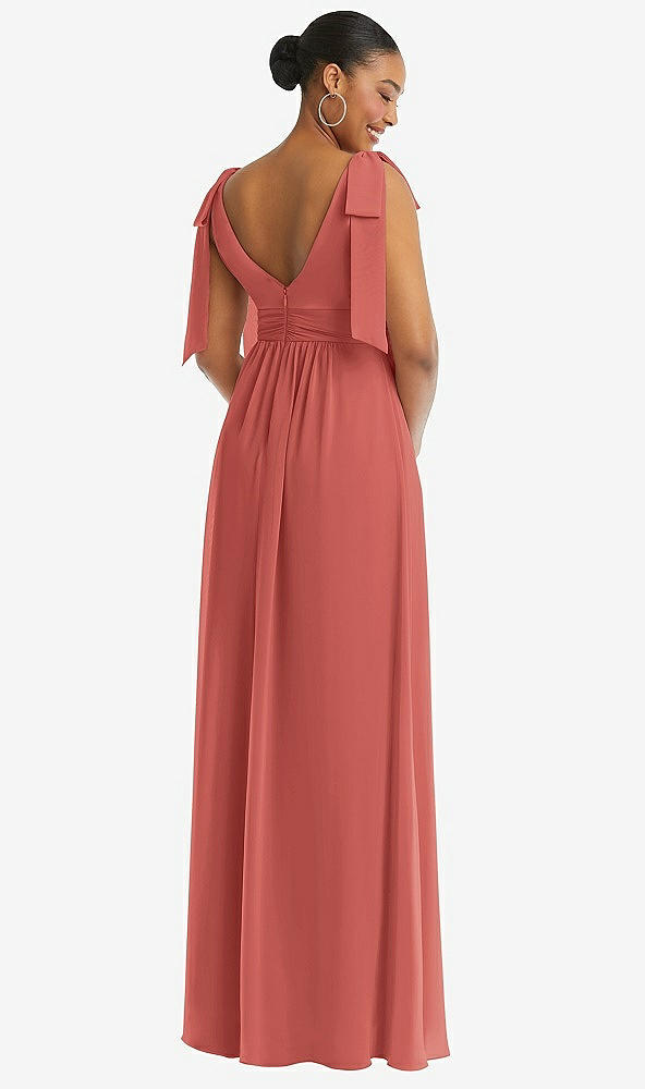 Back View - Coral Pink Plunge Neckline Bow Shoulder Empire Waist Chiffon Maxi Dress