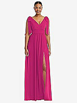 Front View Thumbnail - Think Pink Plunge Neckline Bow Shoulder Empire Waist Chiffon Maxi Dress
