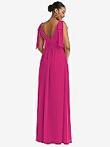 Rear View Thumbnail - Think Pink Plunge Neckline Bow Shoulder Empire Waist Chiffon Maxi Dress