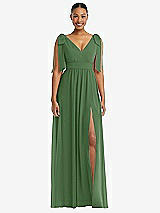 Front View Thumbnail - Vineyard Green Plunge Neckline Bow Shoulder Empire Waist Chiffon Maxi Dress