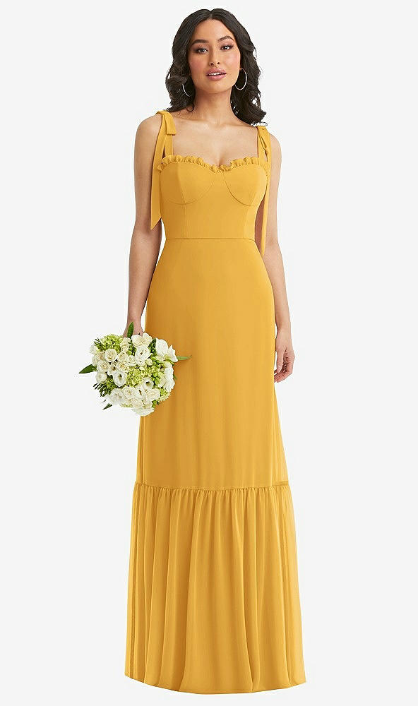 Front View - NYC Yellow Tie-Shoulder Bustier Bodice Ruffle-Hem Maxi Dress