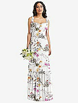 Front View Thumbnail - Butterfly Botanica Ivory Tie-Shoulder Bustier Bodice Ruffle-Hem Maxi Dress