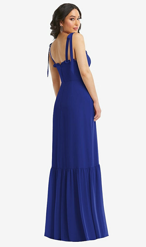 Back View - Cobalt Blue Tie-Shoulder Bustier Bodice Ruffle-Hem Maxi Dress