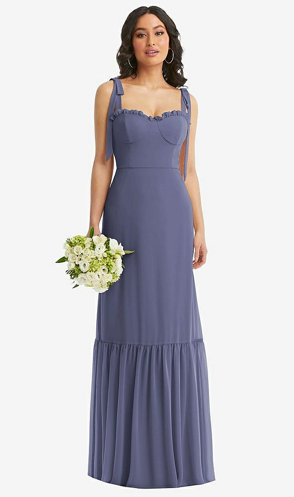 Front View - French Blue Tie-Shoulder Bustier Bodice Ruffle-Hem Maxi Dress