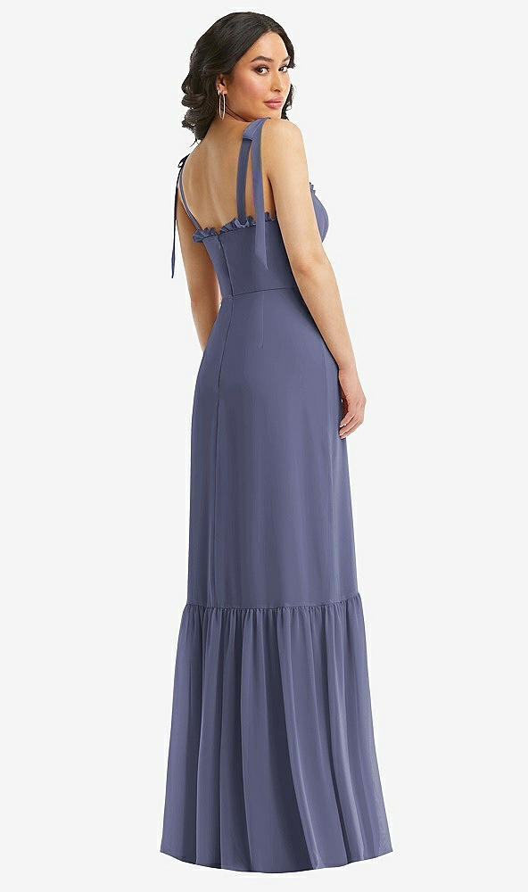 Back View - French Blue Tie-Shoulder Bustier Bodice Ruffle-Hem Maxi Dress