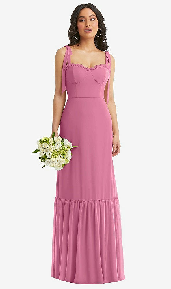 Front View - Orchid Pink Tie-Shoulder Bustier Bodice Ruffle-Hem Maxi Dress