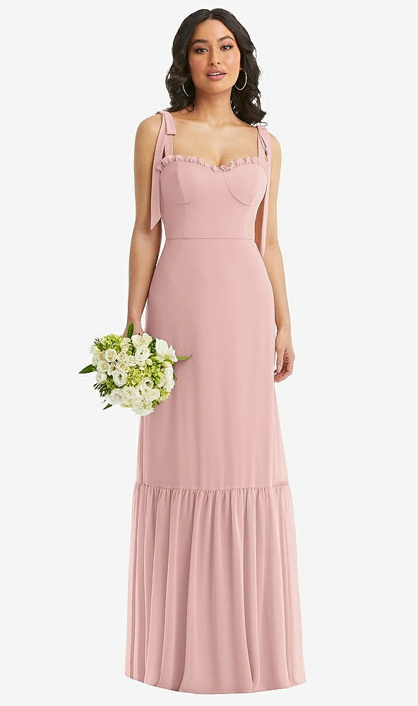 Front View - Rose - PANTONE Rose Quartz Tie-Shoulder Bustier Bodice Ruffle-Hem Maxi Dress
