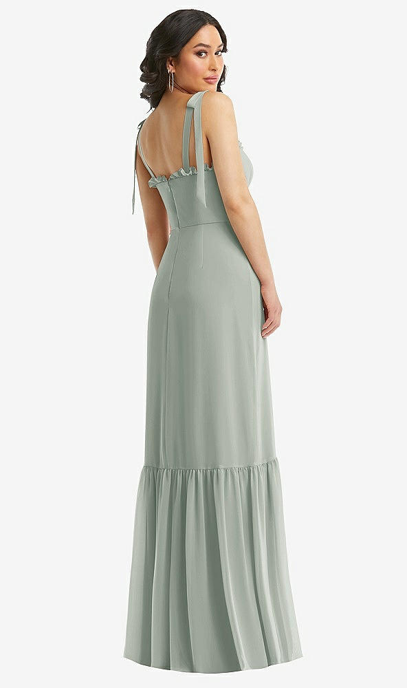 Back View - Willow Green Tie-Shoulder Bustier Bodice Ruffle-Hem Maxi Dress