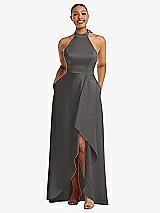 Front View Thumbnail - Caviar Gray High-Neck Tie-Back Halter Cascading High Low Maxi Dress