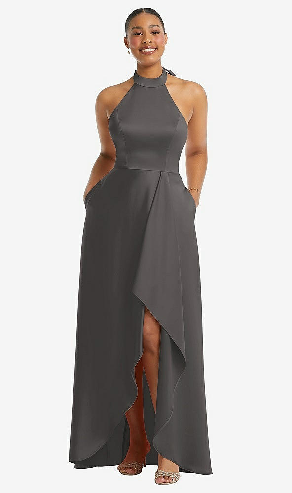 Front View - Caviar Gray High-Neck Tie-Back Halter Cascading High Low Maxi Dress