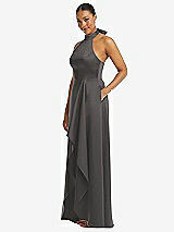 Side View Thumbnail - Caviar Gray High-Neck Tie-Back Halter Cascading High Low Maxi Dress