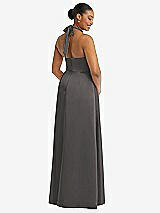 Rear View Thumbnail - Caviar Gray High-Neck Tie-Back Halter Cascading High Low Maxi Dress