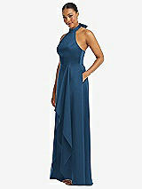 Side View Thumbnail - Dusk Blue High-Neck Tie-Back Halter Cascading High Low Maxi Dress