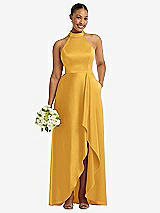 Alt View 1 Thumbnail - NYC Yellow High-Neck Tie-Back Halter Cascading High Low Maxi Dress