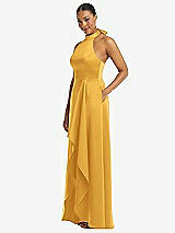 Side View Thumbnail - NYC Yellow High-Neck Tie-Back Halter Cascading High Low Maxi Dress