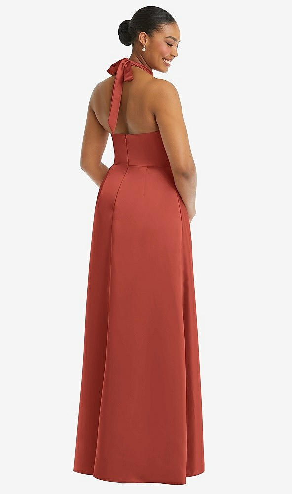 Back View - Amber Sunset High-Neck Tie-Back Halter Cascading High Low Maxi Dress