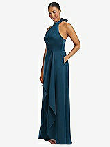 Side View Thumbnail - Atlantic Blue High-Neck Tie-Back Halter Cascading High Low Maxi Dress