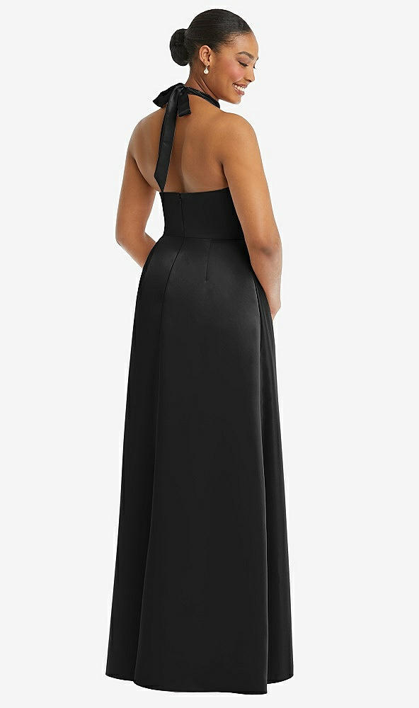 Back View - Black High-Neck Tie-Back Halter Cascading High Low Maxi Dress