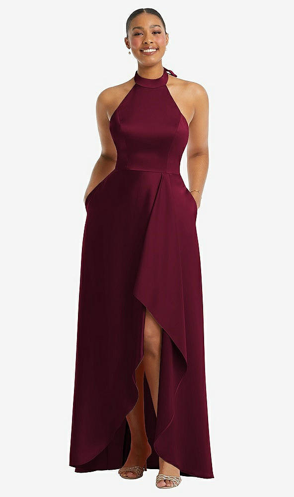 Front View - Cabernet High-Neck Tie-Back Halter Cascading High Low Maxi Dress