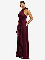 Side View Thumbnail - Cabernet High-Neck Tie-Back Halter Cascading High Low Maxi Dress