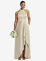 Alt View 1 Thumbnail - Champagne High-Neck Tie-Back Halter Cascading High Low Maxi Dress