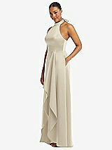 Side View Thumbnail - Champagne High-Neck Tie-Back Halter Cascading High Low Maxi Dress