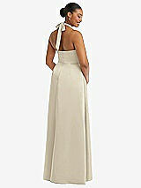 Rear View Thumbnail - Champagne High-Neck Tie-Back Halter Cascading High Low Maxi Dress