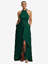 Front View Thumbnail - Hunter Green High-Neck Tie-Back Halter Cascading High Low Maxi Dress