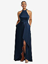 Front View Thumbnail - Midnight Navy High-Neck Tie-Back Halter Cascading High Low Maxi Dress