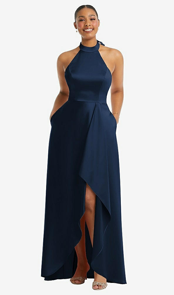 Front View - Midnight Navy High-Neck Tie-Back Halter Cascading High Low Maxi Dress