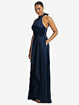 Side View Thumbnail - Midnight Navy High-Neck Tie-Back Halter Cascading High Low Maxi Dress